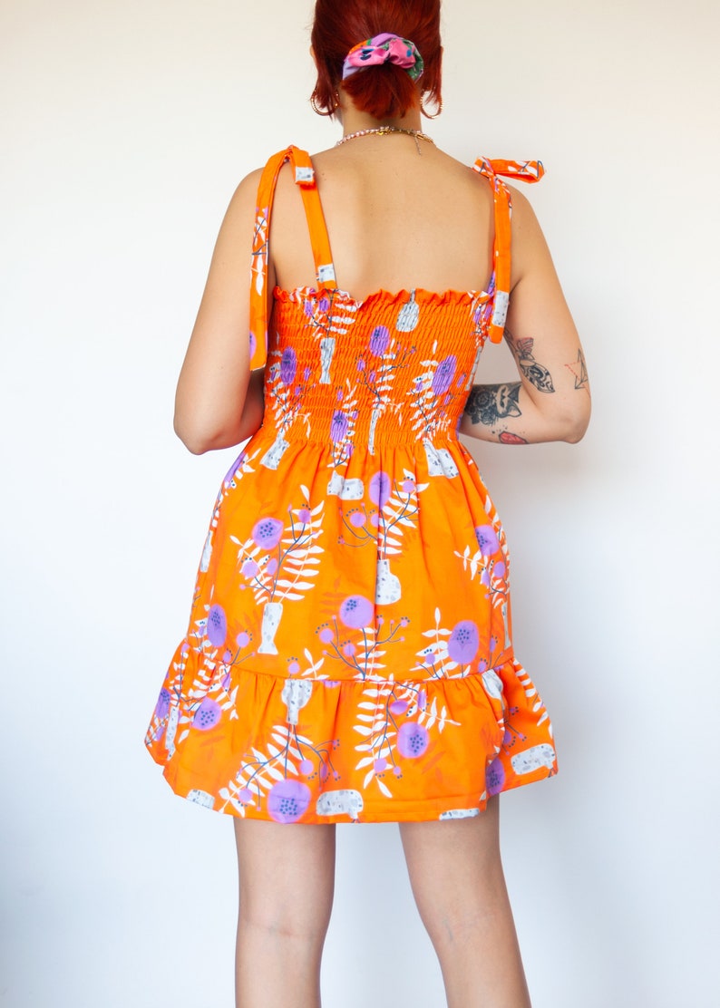 Orange WildFlower print shirred mini dress in organic cotton Mini frilled floral Sundress image 4