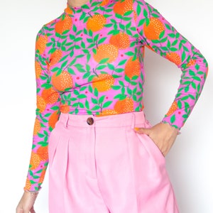 Orange Garden long sleeve top Colourful print organic cotton jersey mock neck top image 4