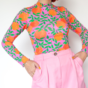 Orange Garden long sleeve top Colourful print organic cotton jersey mock neck top image 3
