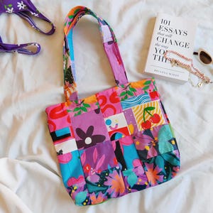 Patchwork-draagtas gemaakt van restanten kersen- en munttextiel | Duurzame, handgemaakte tas zonder afval