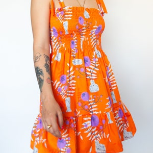 Orange WildFlower print shirred mini dress in organic cotton Mini frilled floral Sundress image 3