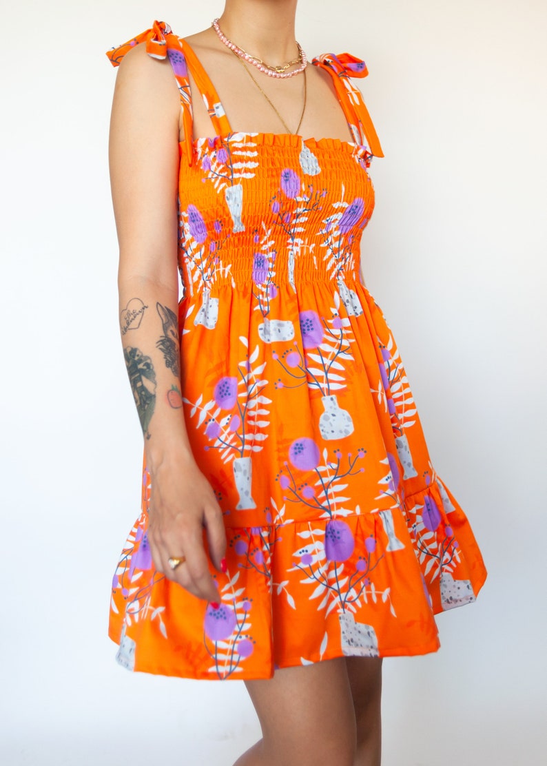 Orange WildFlower print shirred mini dress in organic cotton Mini frilled floral Sundress image 3