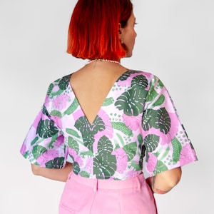 Pink monstera reversible wrap top Tropical pink and green print blouse image 3