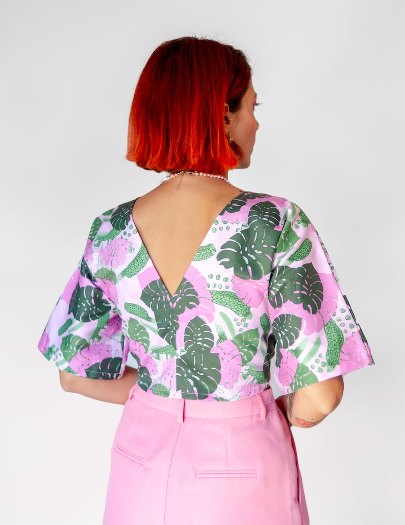 Pink monstera reversible wrap top Tropical pink and green print blouse image 3