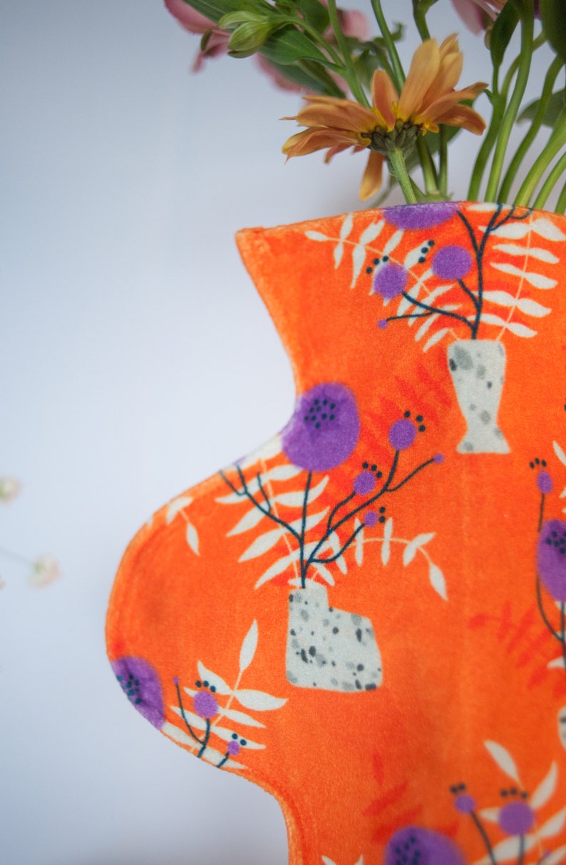 Modern textile vase in the orange wild flowers print, contemporary home decor, alternative fabric vase image 2