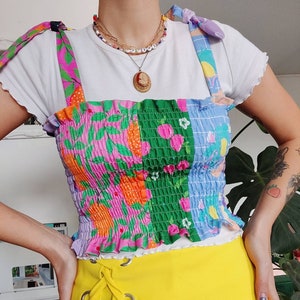 Patchwork shirred crop top | Mix prints summer top