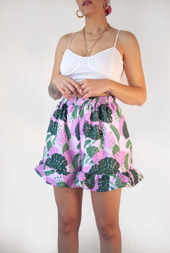 Pink Monstera" Short Pants With Frill | Organic Cotton Tropical High Waist  Shorts - Etsy