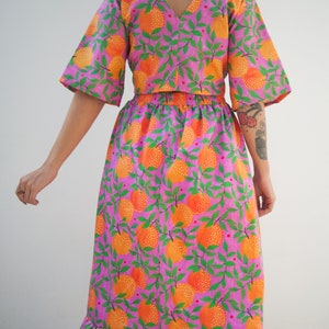Orange garden print midi skirt in organic cotton fabric Colourful two-piece set image 4