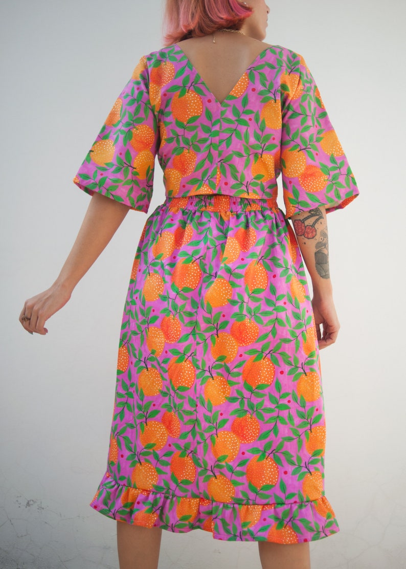 Orange garden print midi skirt in organic cotton fabric Colourful two-piece set image 4