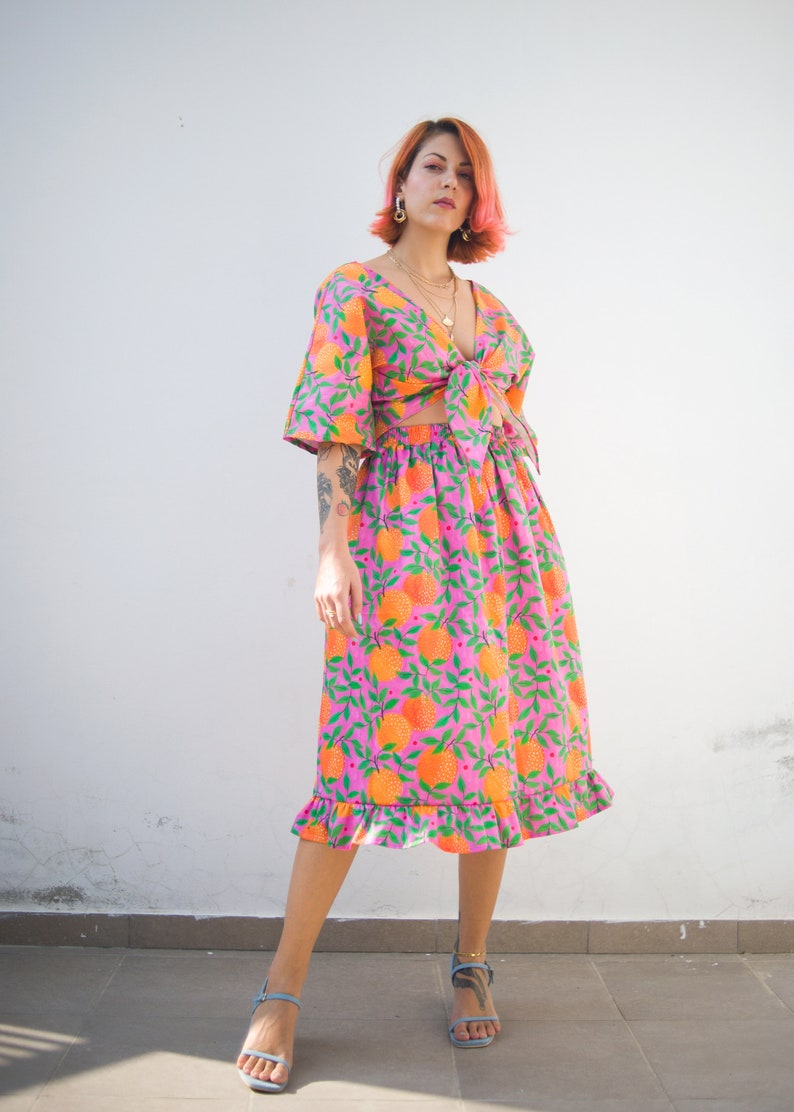 Orange garden print midi skirt in organic cotton fabric Colourful two-piece set image 5