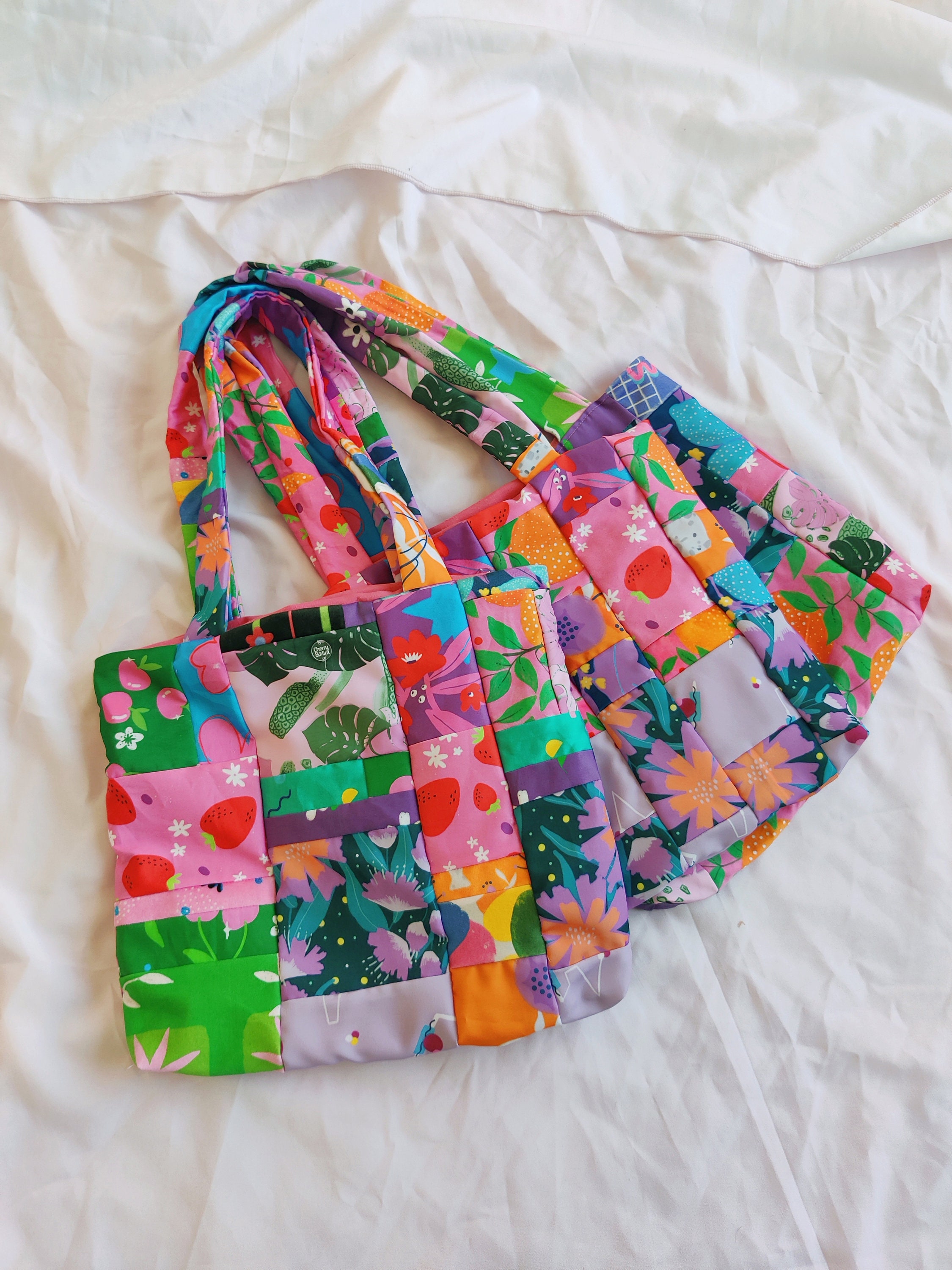 Patchwork Tote Bag Made With Remnant Cherry and Mint