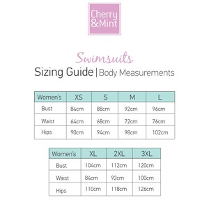 May include: A size chart for swimsuits with measurements in centimeters for bust, waist, and hips. The chart includes sizes XS, S, M, L, XL, 2XL, and 3XL.