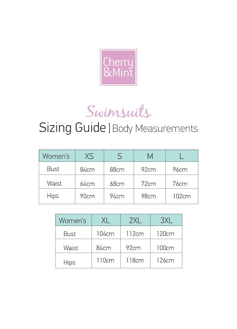 May include: A size chart for swimsuits with measurements in centimeters for bust, waist, and hips. The chart includes sizes XS, S, M, L, XL, 2XL, and 3XL.