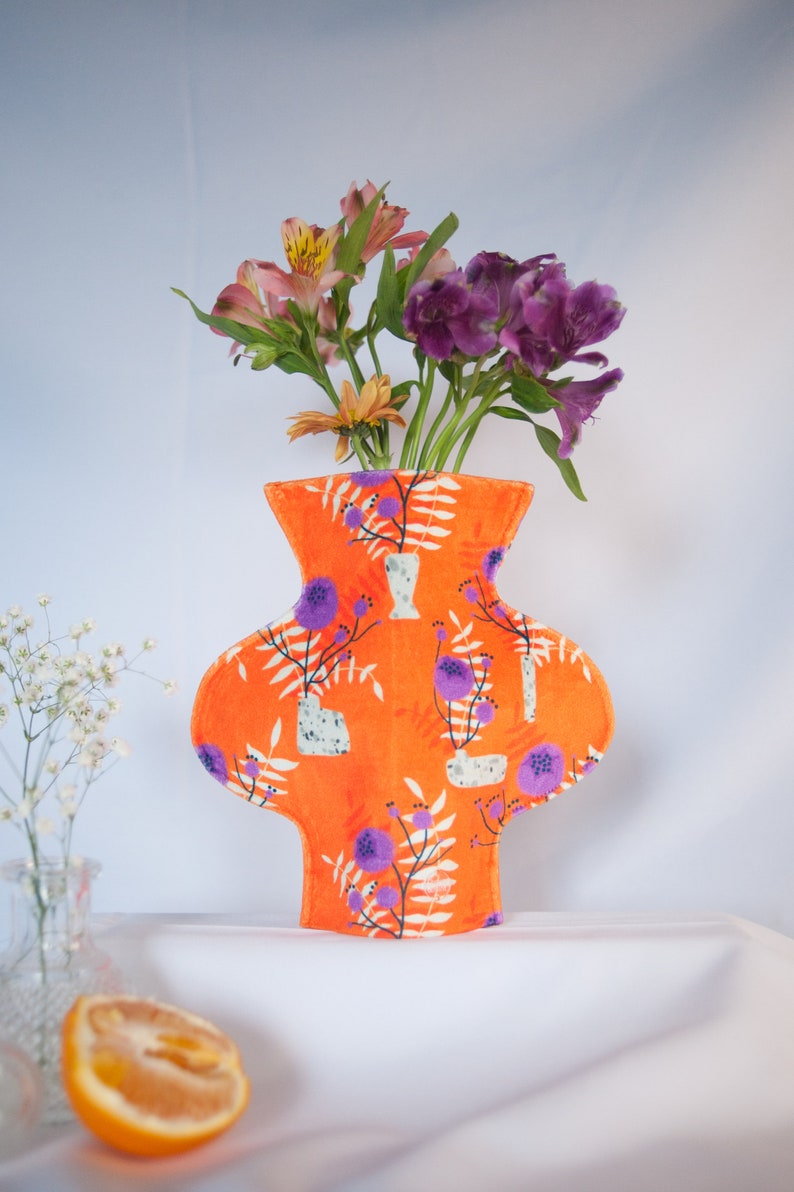 Modern textile vase in the orange wild flowers print, contemporary home decor, alternative fabric vase image 3