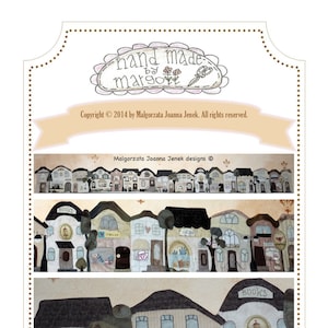 May include: A hand-made felt applique of a city street with shops, including a bakery, a bookstore, and a flower shop. The applique is 91.4 inches long and 8.1 inches high. The text "hand made by Margo" is in the top left corner of the image. The text "Copyright © 2014 by Malgorzata Joanna Jenek. All rights reserved." is in the top right corner of the image. The text "Malgorzata Joanna Jenek designs ©" is in the center of the image. The text "The Lambrequin: City street" is in the bottom center of the image. The text "length: 91.4" (228.5cm)" is in the bottom center of the image. The text "height: 8.1" (20.5cm)" is in the bottom center of the image.