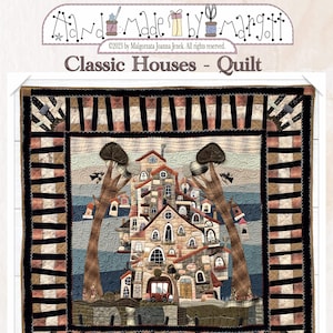 Puede incluir: Un patrón de colcha con una ilustración caprichosa de una ciudad de casas con árboles y pájaros. La colcha se titula "Classic Houses - Quilt" y mide 46 pulgadas por 46 pulgadas.