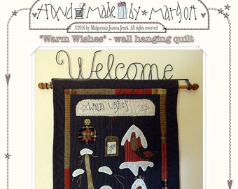 Warm Wishes - Wall hanging small quilt by MJJenek, PDF pattern, Primitive , wall decoration, Winter quilt