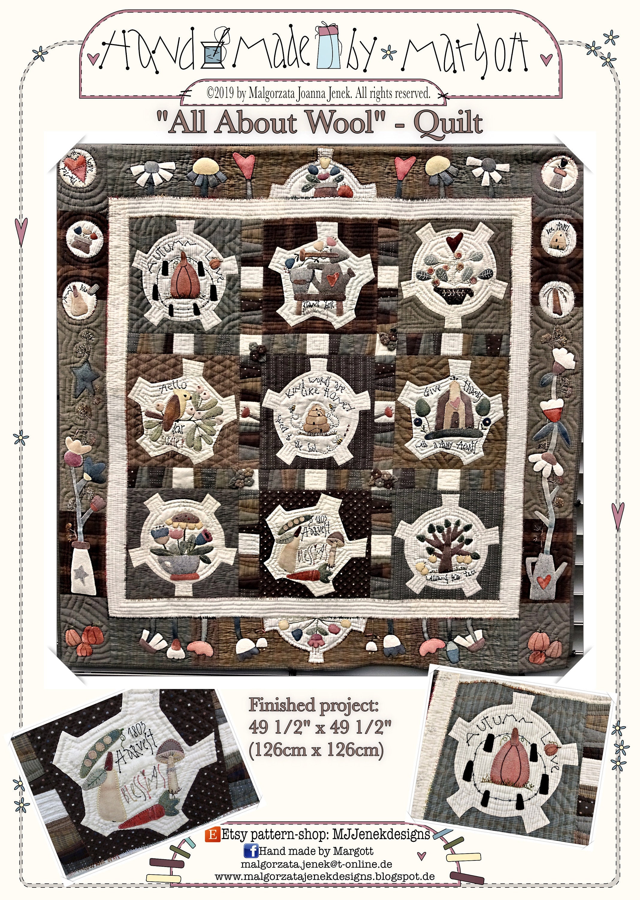 All About Wool - Quadrant quilt by MJJenek, wall hanging quilt - PAPER/PHYSICAL Pattern, Wool quilt pattern, primitive quilt, hand appliqué