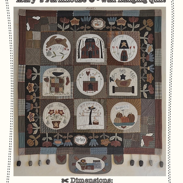 Mary s Farmhouse - wall hanging quilt -by MJJenek, hand appliqué, PAPER pattern, quilt pattern, primitive quilt, country quilt, patchwork