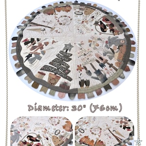May include: A round table quilt featuring a four-season theme. The quilt is made of beige fabric with brown, white, and red accents. The quilt is 30 inches (76 cm) in diameter. The quilt is hand-made by Margott.