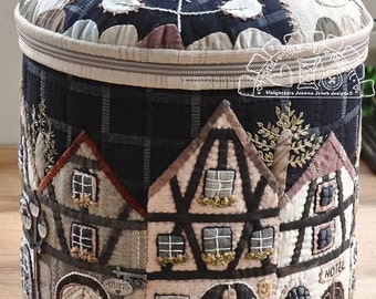 Townhouses in Alsace-XLround box MJJenek, quilt pattern, hand appliqué, PAPER pattern, box
