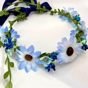 Corona di fiori misti matrimonio, corona per feste d’estate, corona da ballo, margherite azzurre, rose, corona damigelle, ghirlanda bambina.