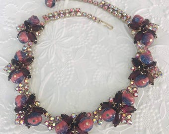 Vintage Juliana Style Rhinestone Necklace Pink Purple Cabochon Aurora Borealis