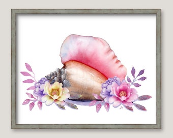 Conch Shell and Flowers GICLEE PRINT - Original Watercolor Painting - Beach House Art - Coastal Wall Decor