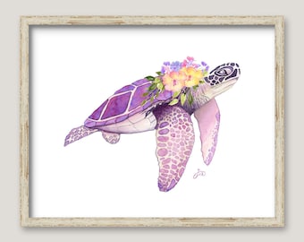 Pink Sea Turtle with Flowers GICLEE PRINT - Original Watercolor Painting - Beach House Art - Coastal Wall Decor - Whimsical Fun