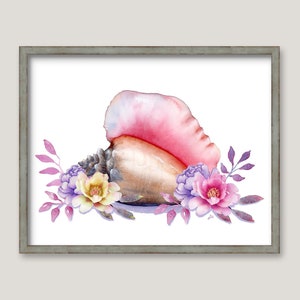 Conch Shell and Flowers GICLEE PRINT Original Watercolor Painting Beach House Art Coastal Wall Decor image 1