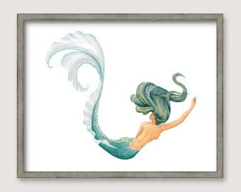 Mermaid Siren PRINT - Original Watercolor Painting - Beach House Art - Coastal Wall Decor