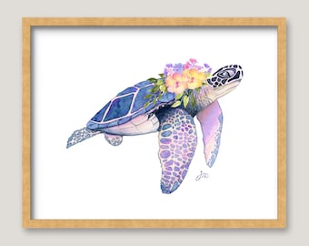 Blue Sea Turtle with Flowers GICLEE PRINT - Original Watercolor Painting - Beach House Art - Coastal Wall Decor - Whimsical Fun