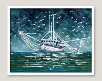 Shrimp Boat PRINT - Original Watercolor Painting - Beach House Art - Coastal Wall Decor