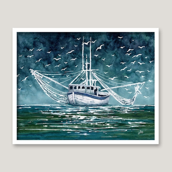 Shrimp Boat PRINT - Original Watercolor Painting - Beach House Art - Coastal Wall Decor