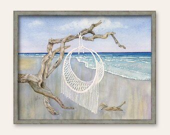 Macramé Swing on Beach Watercolor PRINT - Coastal Décor-  Boho Hammock Secluded Beach Driftwood  - Original Painting