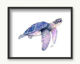Whimsical Sea Turtle Watercolor Print – Coastal Marine Art