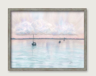 Reflections Beach PRINT - Original Watercolor Painting - Wall Art Coastal Decor - Sailboats - Soft Colors