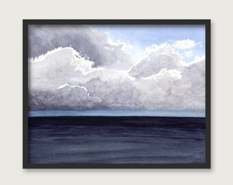 Glowing Beach Clouds Watercolor PRINT - Coastal Wall Decor - Abstract Big Sky Ocean Seascape - Original Painting