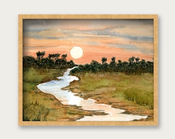 May include: Watercolor painting of a sunset over a river winding through a grassy field. The sky is a soft orange and pink, with a large, white sun in the center. The river is a light blue, and the grass is a vibrant green.