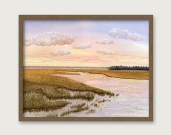 Golden Wetlands PRINT - Original Watercolor Painting - Beach House Art - Coastal Wall Decor