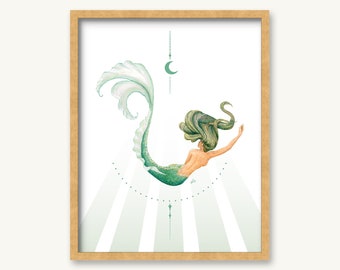 Mermaid Moon GICLEE PRINT - Original Watercolor Painting - Beach House Art  - Coastal wall Décor - Whimsical Fantasy Celestial