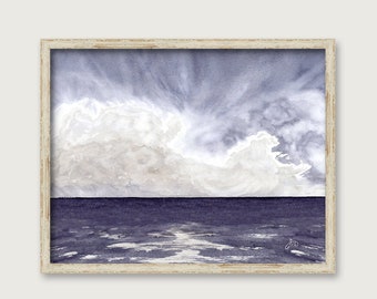 Huge Beach Clouds Watercolor PRINT - Coastal Wall Decor - Abstract Big Sky Ocean Seascape - Original Painting