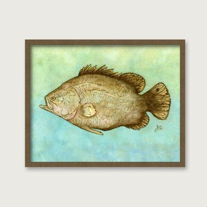 May include: A watercolor painting of a brown grouper fish on a blue and green background. The fish is facing left and has a detailed, realistic appearance.