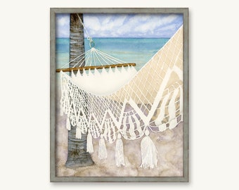 Macrame Beach Hammock PRINT - Original Watercolor Painting - Bohemian Tropical - Beach House Art Coastal Décor