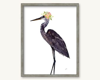 Blue Heron with Flowers GICLEE PRINT - Original Watercolor Painting - Beach House Art  - Coastal wall Décor - Flower Crown