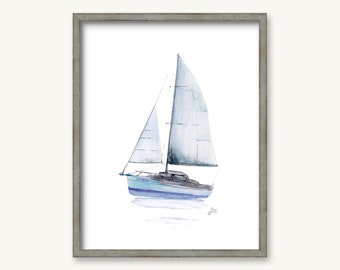 Blue Sailboat GICLEE PRINT - Original Watercolor Painting - Beach House Art  - Coastal wall Décor - Nursery Powder Room