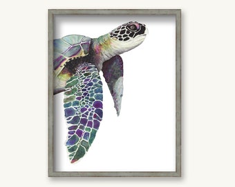 Colorful Sea Turtle Watercolor Print – Coastal Wall Art