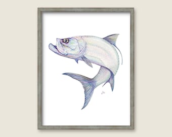 Tarpon PRINT - Original Watercolor Painting - Fish - Beach House Decor - Fathers Day Fishing Trophy - Colorful Whimsical Embellished