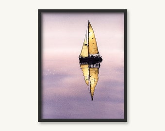 Glowing Sailboat Reflection PRINT - Original Watercolor Painting - Beach House Art  - Coastal wall Décor