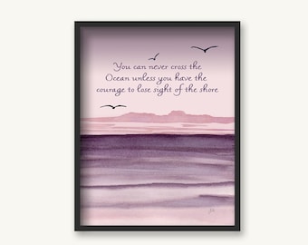 Courage Ocean Painting - Wall Art Print - Beach House Coastal Décor - Surfer Vibes - Pink Clouds - Original Watercolor